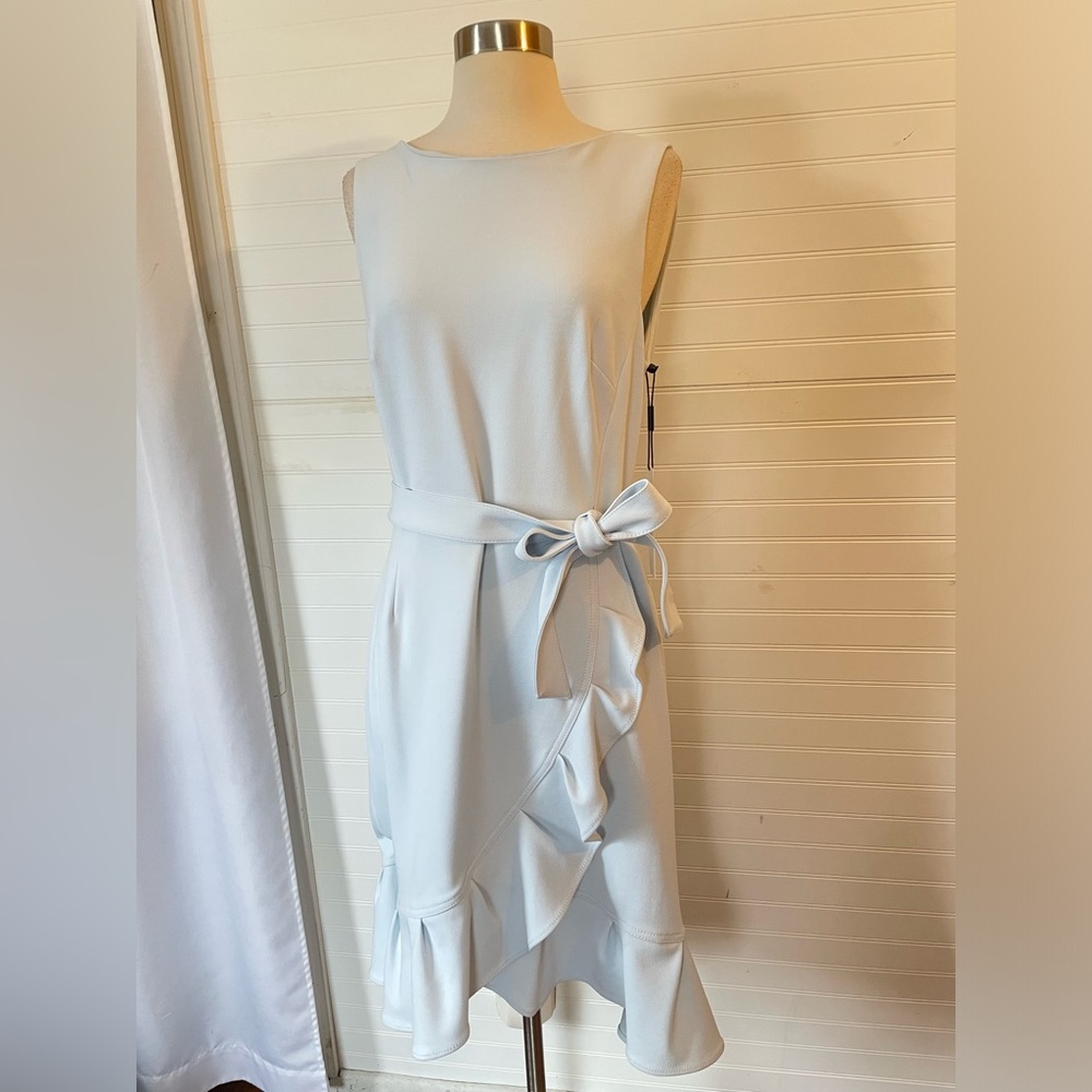 Calvin Klein Light Blue Crepe Ruffle Tulip Hem Faux Wrap Dress NWT Size 10 - Picture 5 of 13